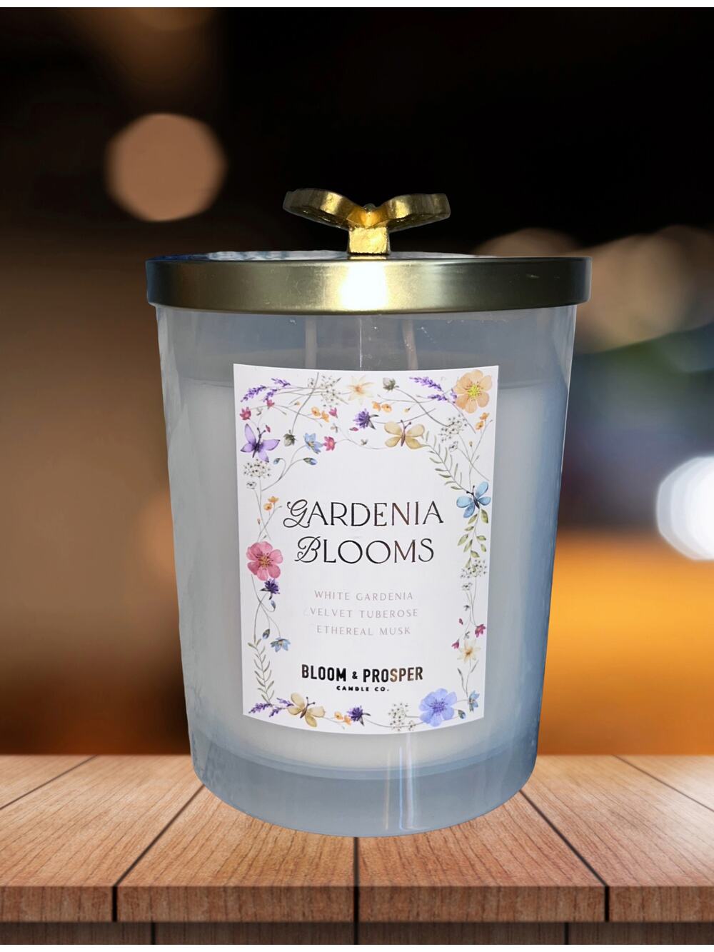 NEW! Bloom & Prosper Gardenia Blooms Candle 14.3 oz Butterfly Lid